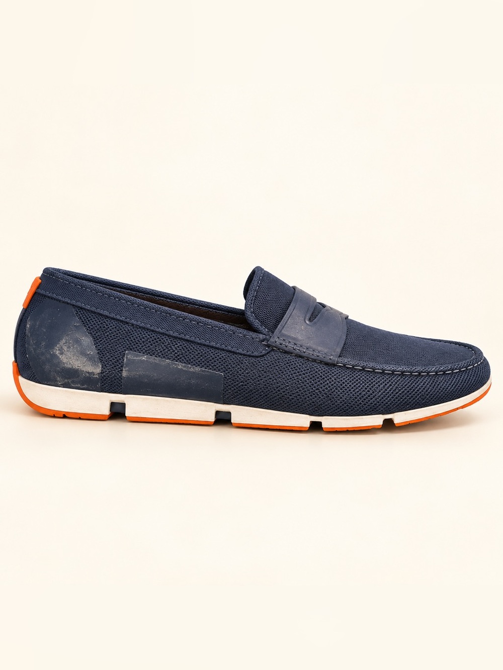 Swims Navy Mesh Penny Loafers with Orange Sole Trim